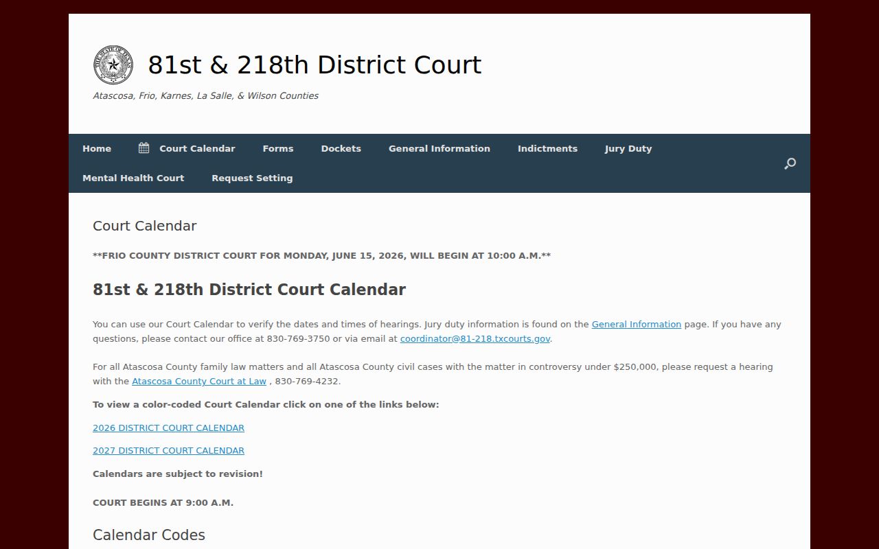 81st and 218th court calendar showing WILS county codes