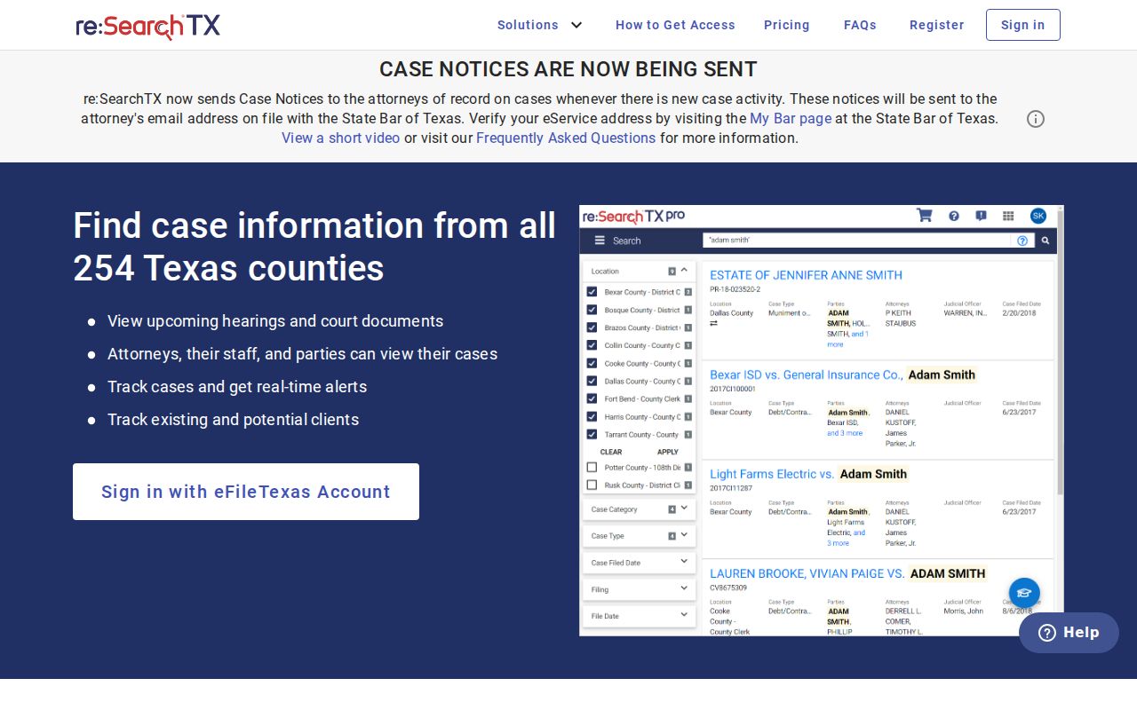re:SearchTX statewide account and case search landing page