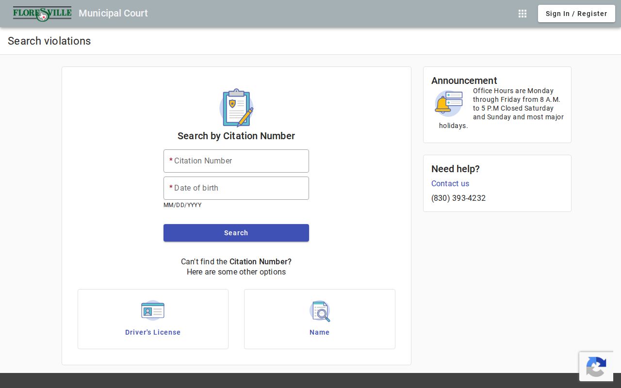 Floresville Municipal Court citation and license search choices